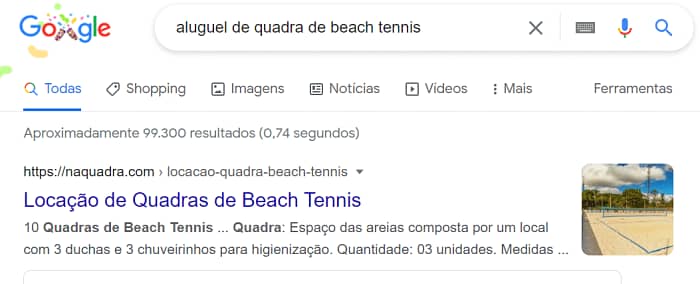 resultados no google para aluguel de quadra beach tennis feito por especialista em seo